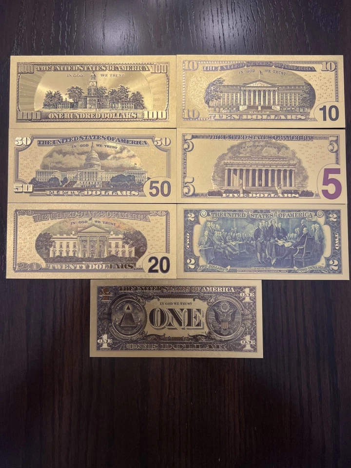 Dólar estadounidense | Chapado en oro 24k | Paquete de billetes de aluminio | Conmemorativo | 7 billetes Foto 2 de 4