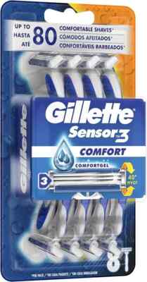 Gillette Sensor 3 Comfort Disposable Razors for Men 8ct, NEW