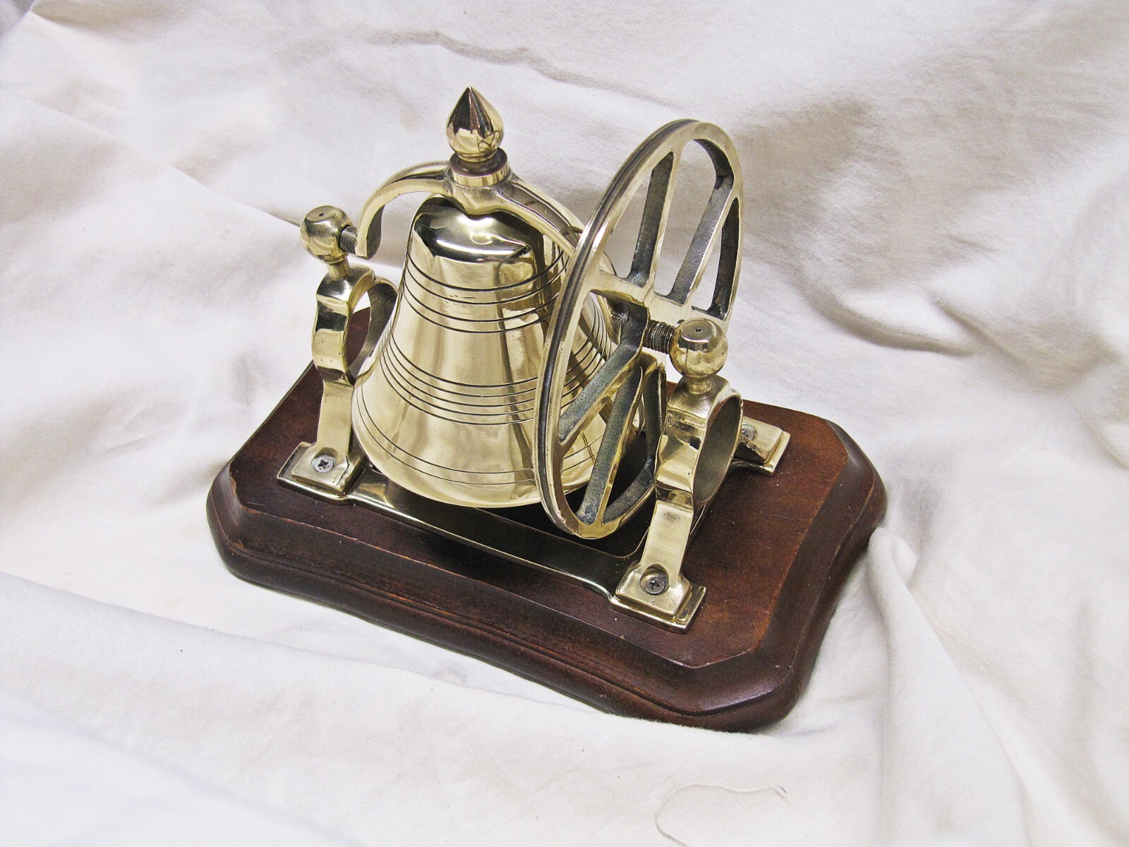 Brass Ship's Bell with Pulley Wheel on Wood Base, Brightly Polished, Impressive eBay