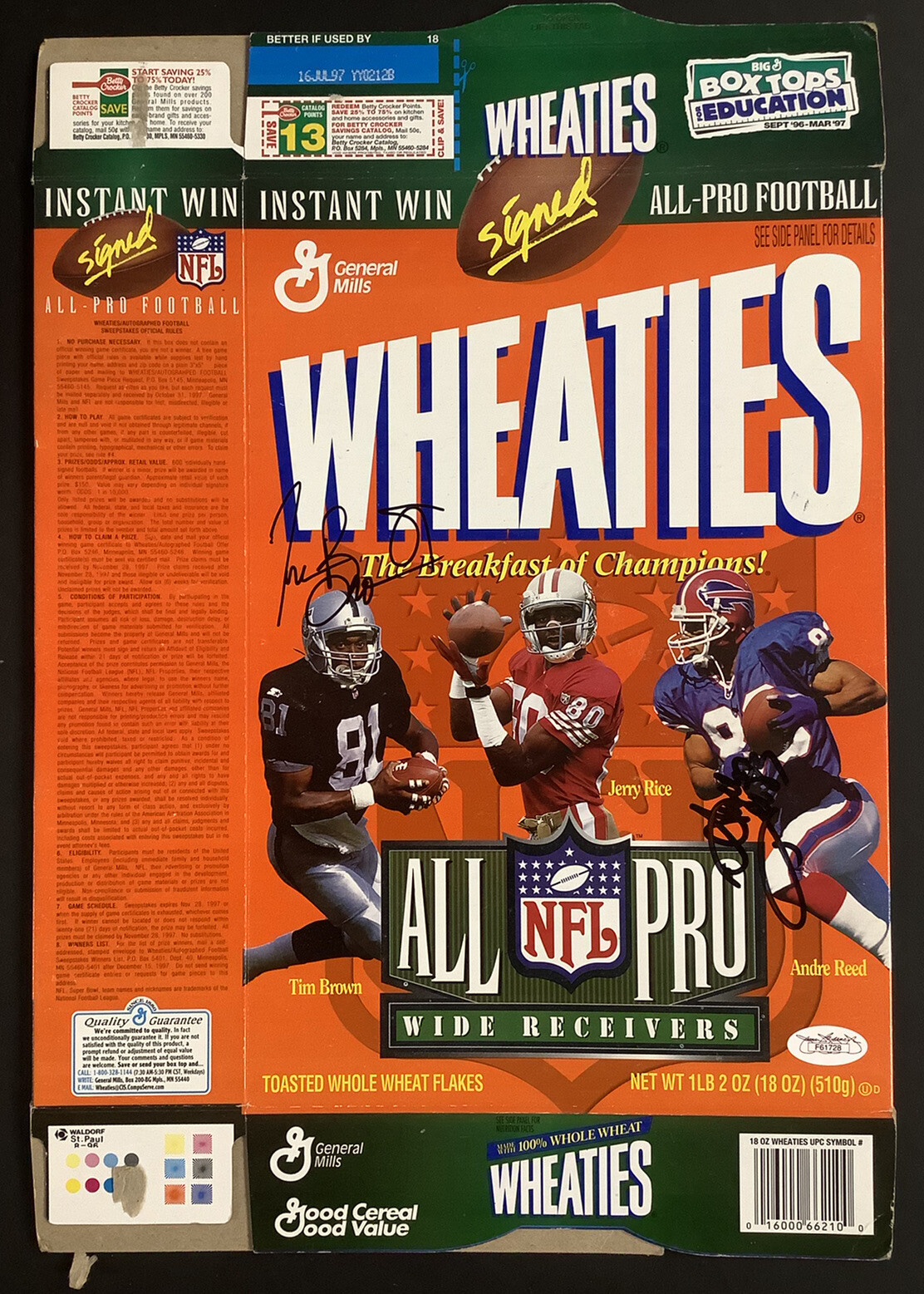 Tim Brown Autographed Signed Cereal Box Wheaties Football Raiders Autograph W Andre Reed JSA 