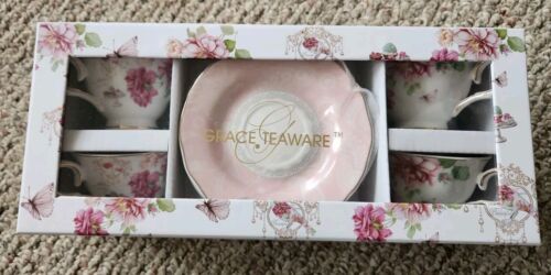 Grace Teaware 8 Piece Set Floral Fine Porcelain Tea Cups Butterflies Gold Trim
