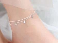 Women 925 Sterling Silver Dangle Round Bars Double Chain Bracelet Anklet 8.5-10"