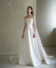 Newest Wedding Dress A-Line Satin Boat Neck Lace Sleeves Off The Shoulder
