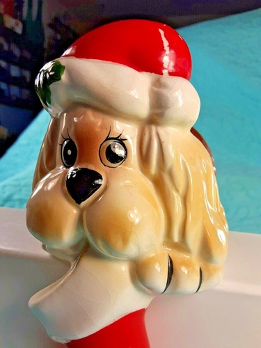 Vintage Puppy Dog CHRISTMASS STOCKING Holder Ceramic DOG Wearing Santa Claus Hat - Picture 4 of 12