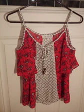 Jolt Women's XS Cold Shoulder Tie Front Red White Navy Floral Lightweight Flowy