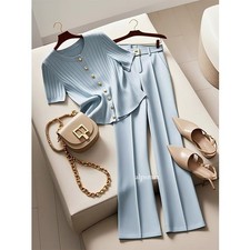 Womens Office Ladies 2pcs Sets Short Sleeve T Shirt Long Pants Slim OL Casual sz