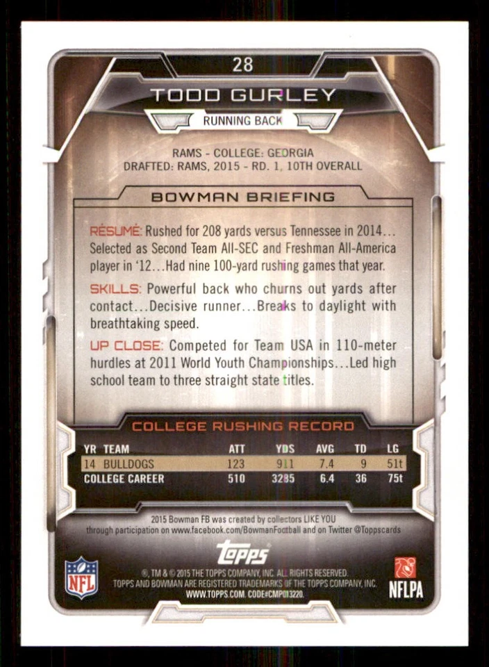 2015 Bowman #R28 Todd Gurley RC - Image 2 of 2
