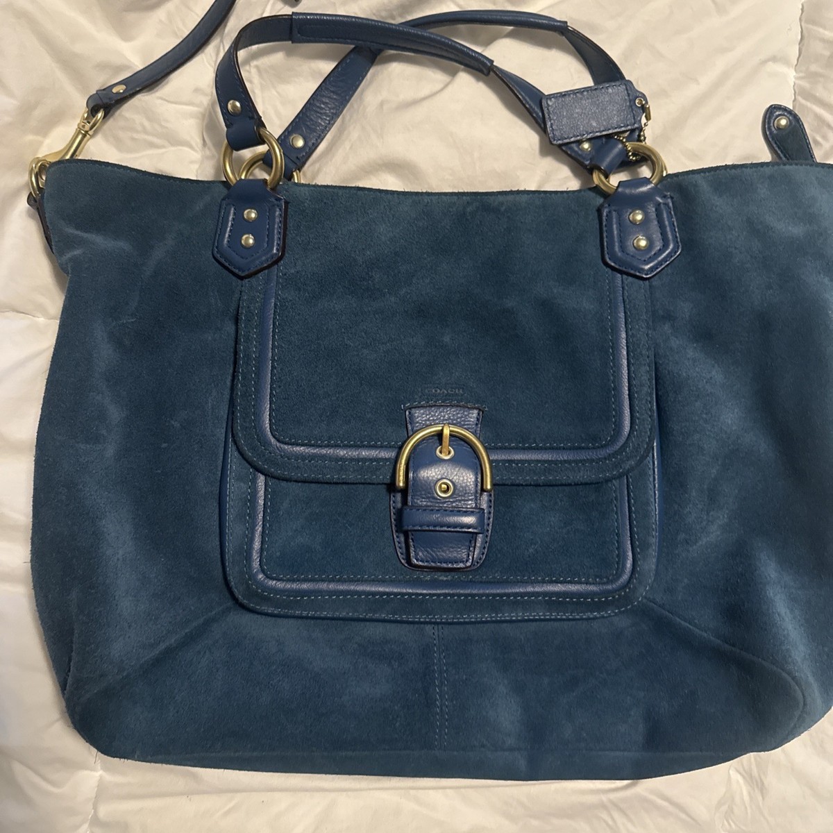 Coach Campbell Belle Teal Suede Leather Purse Carryall Shoulder