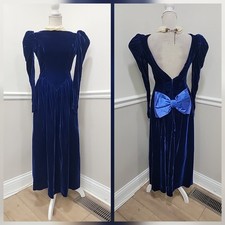 VTG 80  Unbranded Velvet Royal Blue Dress/Long Puffs Sleeves/Satin Bow