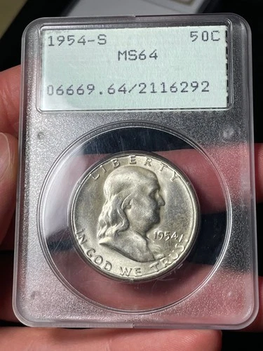 1954-S PCGS MS64 Franklin Half Dollar Silver Old Rattler Holder