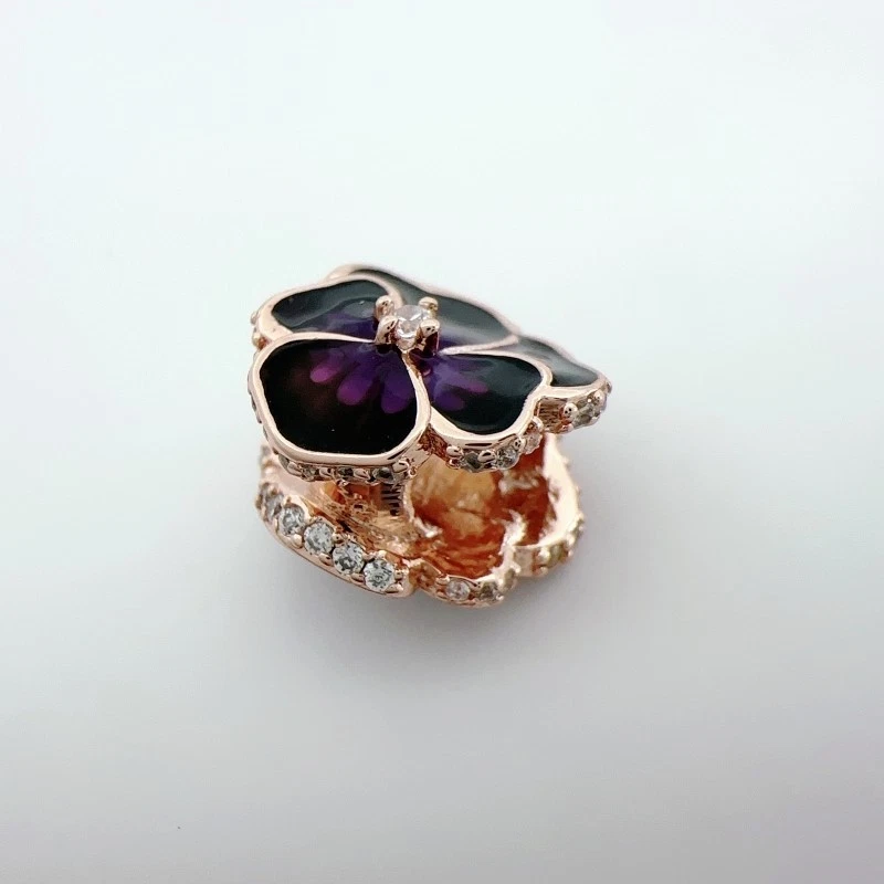 Rose Plated Deep Purple Enamel Flower Charm Bead fits Pandor Moments Bracelet - Image 2 of 4
