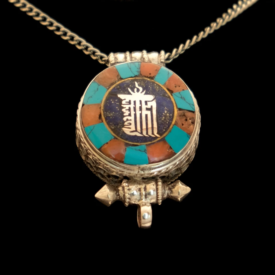 Amuleto 925 Ciondolo IN Argento Turchese Lapis Lazuli Corallo Kalachakra Gau - Immagine 2 di 4