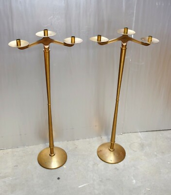 + Nice Used Pair of Tall Bronze 3 Light Candelabra + 43 1/2'' ht. + (CU#406)