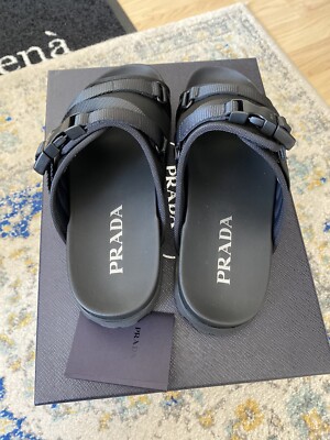 PRADA｜SLIPPERS (1XX715 068 F0316) Prada Men's Fusbett Nastro Strappy Buckle Lug-Sole Slides