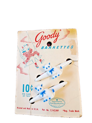 Vintage Goody Barrettes Set of 2 White & Blue Cats on Original Package 1950's
