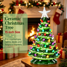 15" Pre-Lit Hand Painted Green Ceramic Christmas Tree Tabletop Decor with Lights