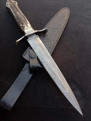 15 INCH ANTIQUE STAG HANDLE DAMASCUS STEEEL HUNTTING KNIFE WITH SHEATH