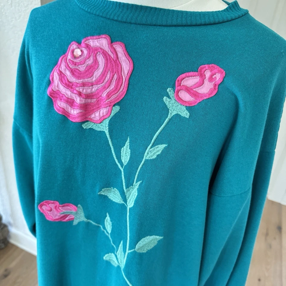 De Colección Appel Teal Sudadera Pullover Bata Camisón Rosa Bordado OSFA/L Boho Foto 2 de 4