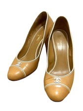 CHANEL Pumps Coco Mark Leather Beige Women's Size EU37.5/US7