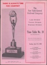 New York Central RR Employee Timetable #19 Lake Toledo Western Division 1966