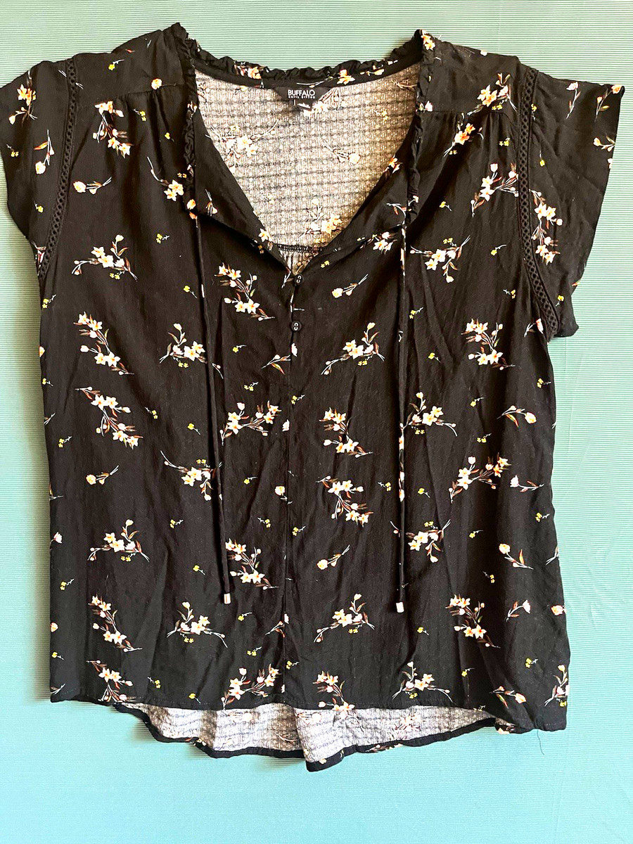 Buffalo David Bitton Women's L Regular Black Floral V-Neck Cap Sleeve Blouse