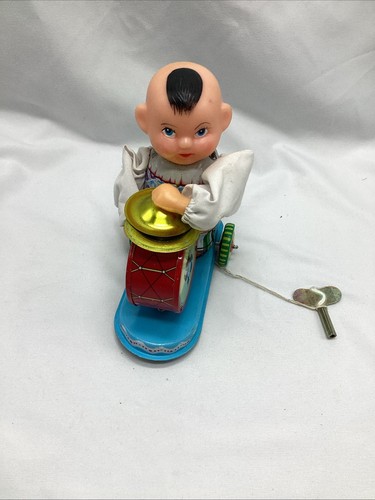 Vintage 1960s Clockwork Tin Wind Up Boy Beating Drum Toy #616 MS 765 - 第 2/5 張圖片