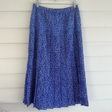 Vintage Royal Blue Calico Floral Midi Skirt M USA Cottagecore Prairie Pleated