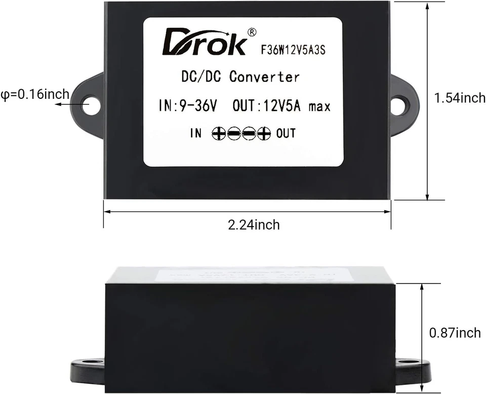 DROK DC-DC Stabilizer, 9V-36V to 12V Boost Buck Converter 5A 60W Waterproof Auto - Image 3 of 4