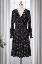 Michael Kors Black Polka Dot Tiered Faux Wrap Long Slv Dress Size L Career Party
