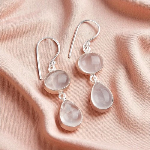 Natural Rose Quartz Gemstone 925 Sterling Silver Jewelry Handmade Earrings 1.88" - Picture 4 of 6