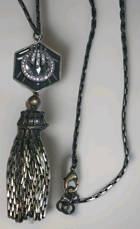 Vtg ART DECO Midnight Moon Lulu Frost for J Crew Statement Necklace Sparkle 26" - Image 2 of 4