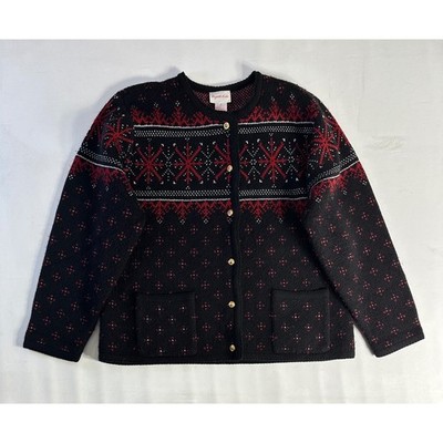 Crystal Kobe Womens Black Red Fair Isle Snowflake Knit Cardigan Sweater Size M