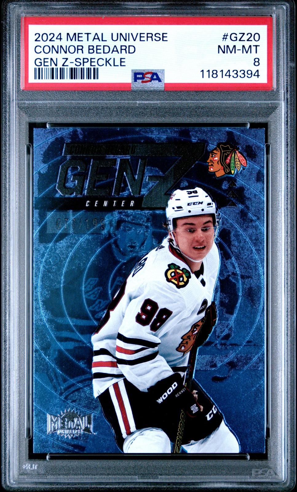 2024 SKYBOX METAL UNIVERSE GEN Z SPECKLE #GZ20 CONNOR BEDARD 77/199 PSA 8
