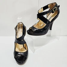 JIMMY CHOO Women Size 36.5 Black Patent Leather Strappy Peep Toe Heels Sandals