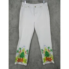 DG2 by Diane Gilman Pants Womens 12 Embroidered Beaded Cropped Boho Resort White