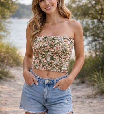 NWT Roxy Sun Paradiso Smocked Tube Top Floral Print Sz S
