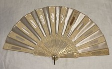 American Victorian Ivory Silk Carved Bone Hand Fan Mother of Pearl Clasp