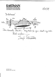 1989 Signed JOSEPH SCHWANTNER MUSICAL NOTE LETTERHEAD UNIV OF ROCHESTER & ENVELO