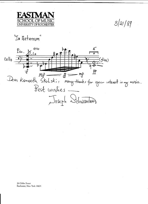 1989 Signed JOSEPH SCHWANTNER MUSICAL NOTE LETTERHEAD UNIV OF ROCHESTER & ENVELO