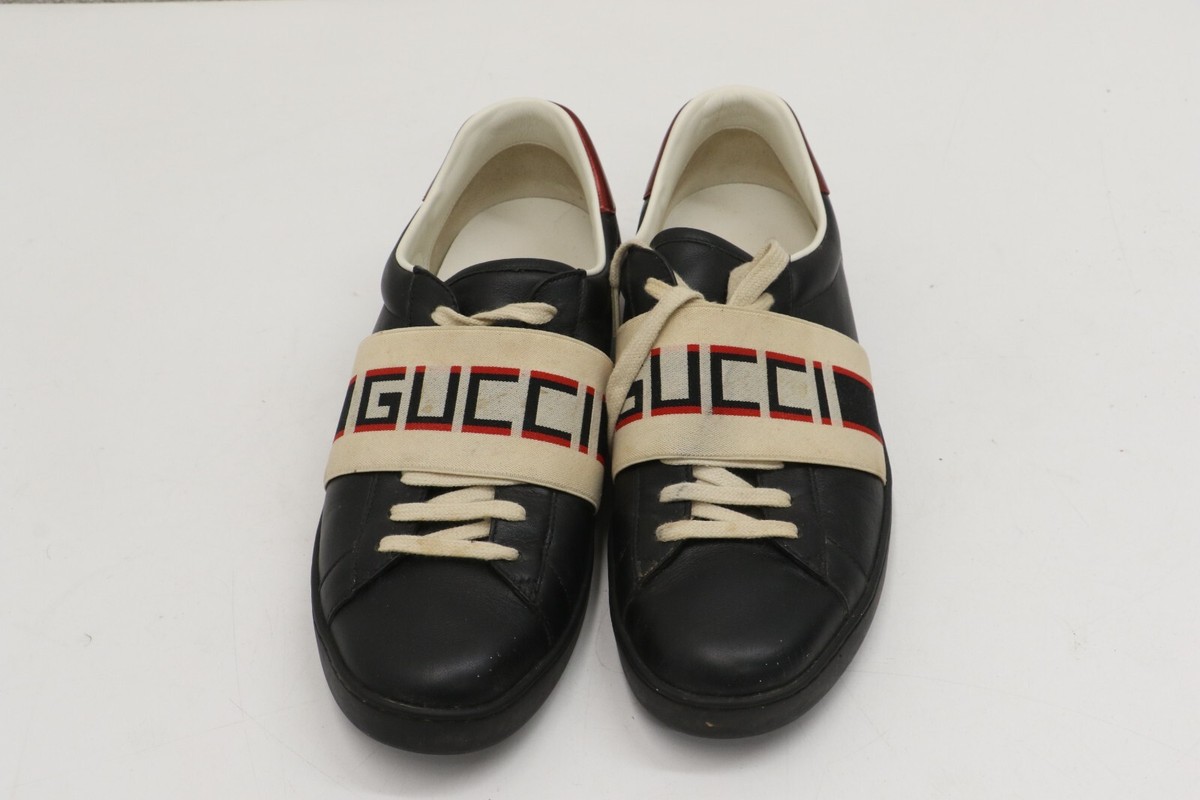 Gucci Ace Stripe Black Leather Elastic Band Sneaker Mens Gucci Ace Stripe Black Leather Elastic Band Sneaker Mens