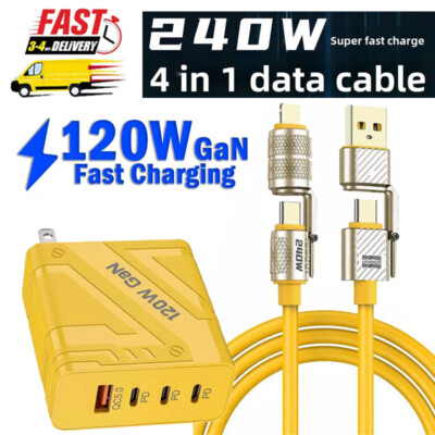 120W GaN 3Port Super Wall Charger 5ft 4-in1 Fast For iPhone 16 15 14 13 12 11 X