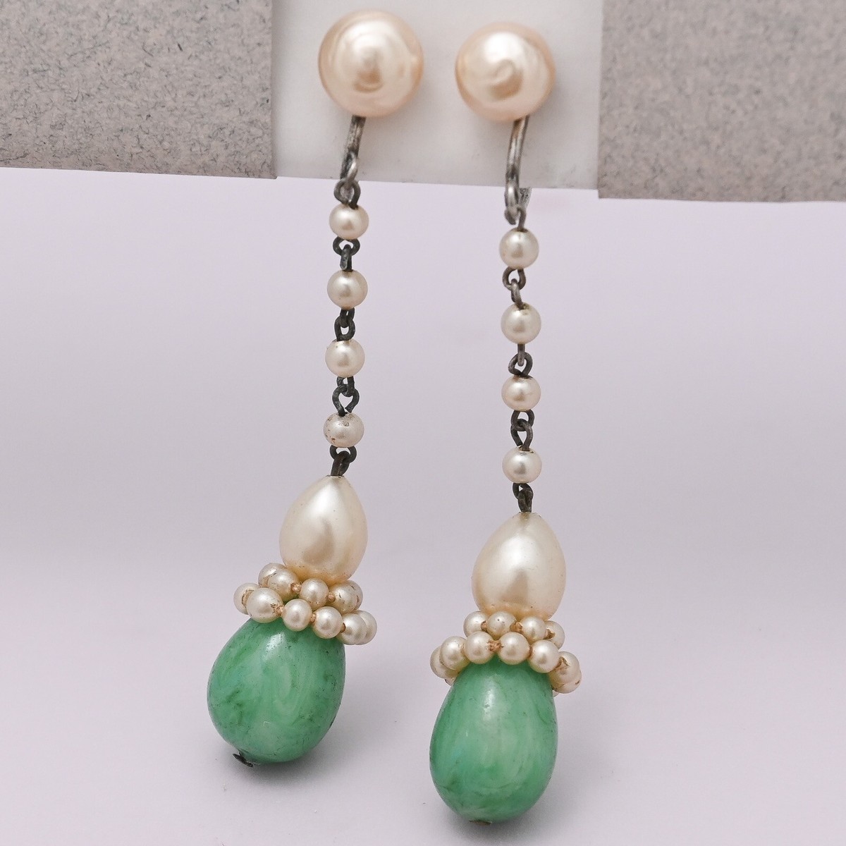 Vtg Art Deco French Rousselet Peking Glass Pearl Dangle Drop