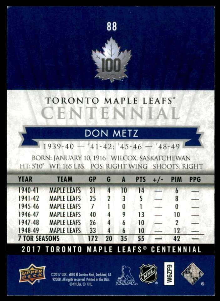 2017-18 Upper Deck Toronto Maple Leafs Centennial Don Metz #88 - Image 2 of 2