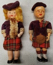 ANTIQUE CELLULOID PLASTIC SCOTTISH DOLLS 6 1/4" LASS AND LADDIE SLEEP EYES