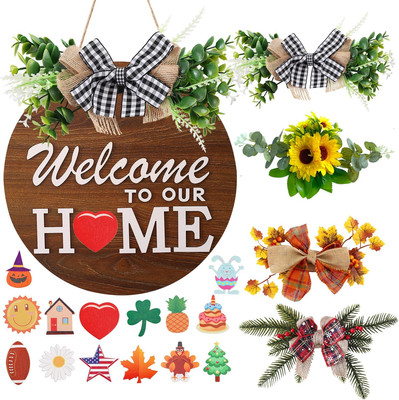 Interchangeable Welcome Sign for Front Door with 4 Seasonal Wreaths and 14 Chang