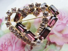 Vintage Estate Heart Brooch Prong Set Rhinestones Amethyst Colored Baguettes Duo