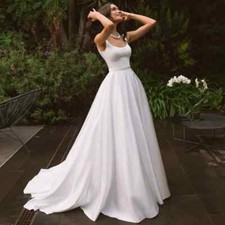 Pleats Satin A Line Wedding Dress Square Neck Backless Buttons Bridal Gown New
