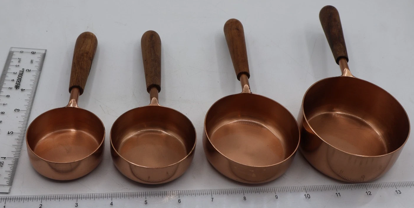 Copper Measuring Cup Set 4 Piece Wooden Handles Nesting Kitchen Farmhouse