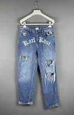 KARL KANI Y2K Blue Denim Distressed Ripped Style Streetwear Jeans Size S Zip Fly