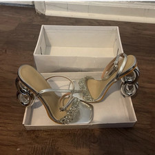 Silver Rhinestone Ankle Strap Stiletto Heels Square Toe Synthetic Party Shoes